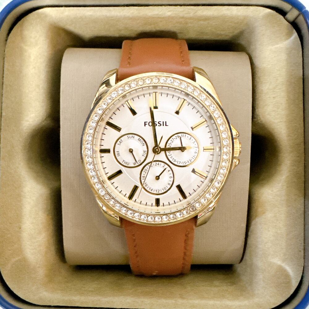 Fossil BQ3414 Women Quartz Watch Crystal Bezel Brown Leather Gold‑Tone Watch